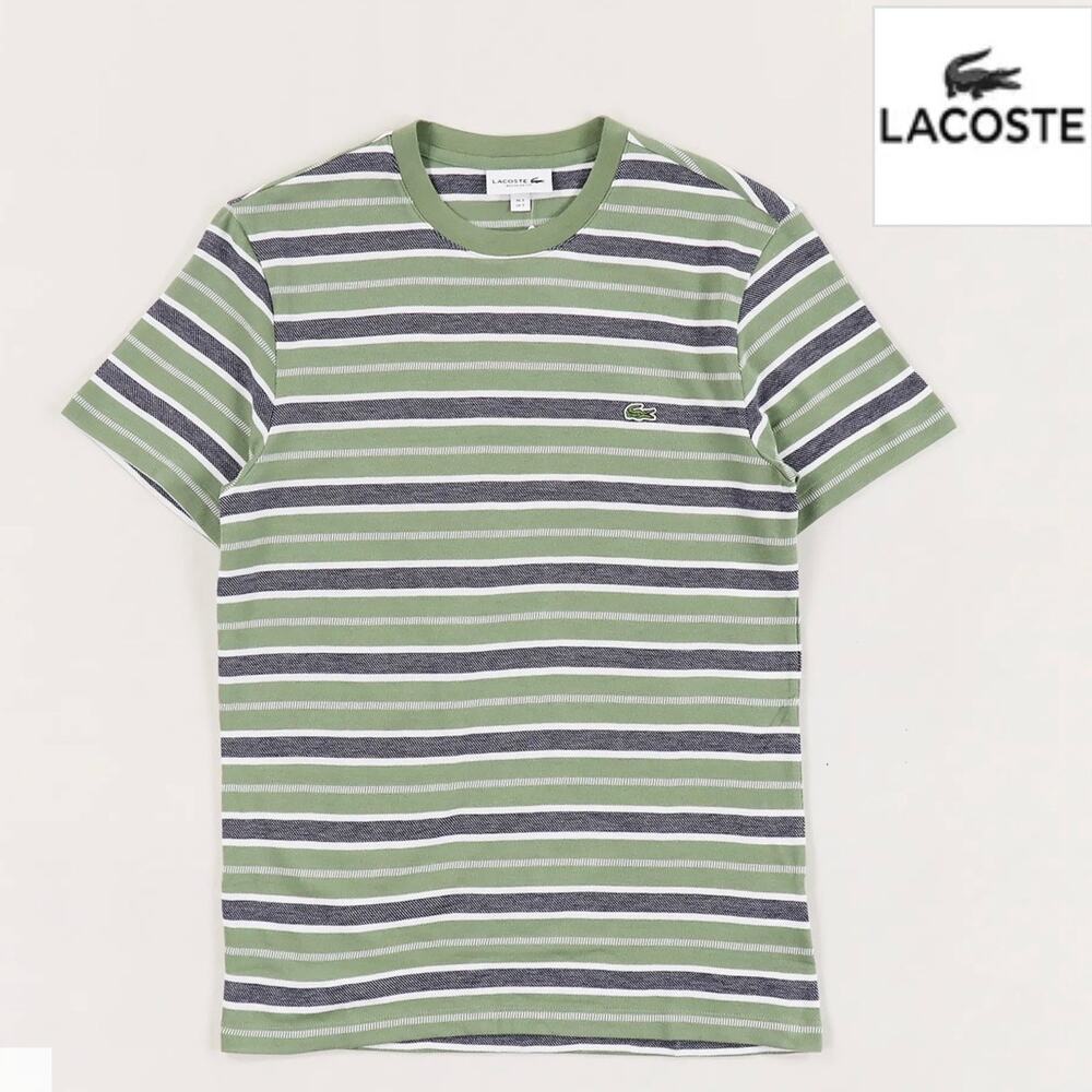 Lacoste Soft Cotton Striped Tennis Pullover T-Shirt Men Size M Green Preppy Crew